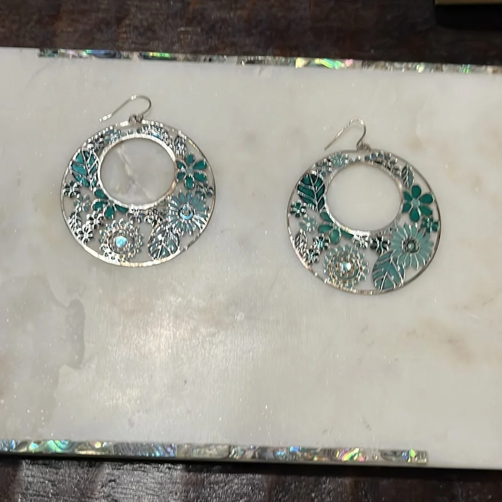Sage green and dark green floral hoop silver pierced earrings  2”